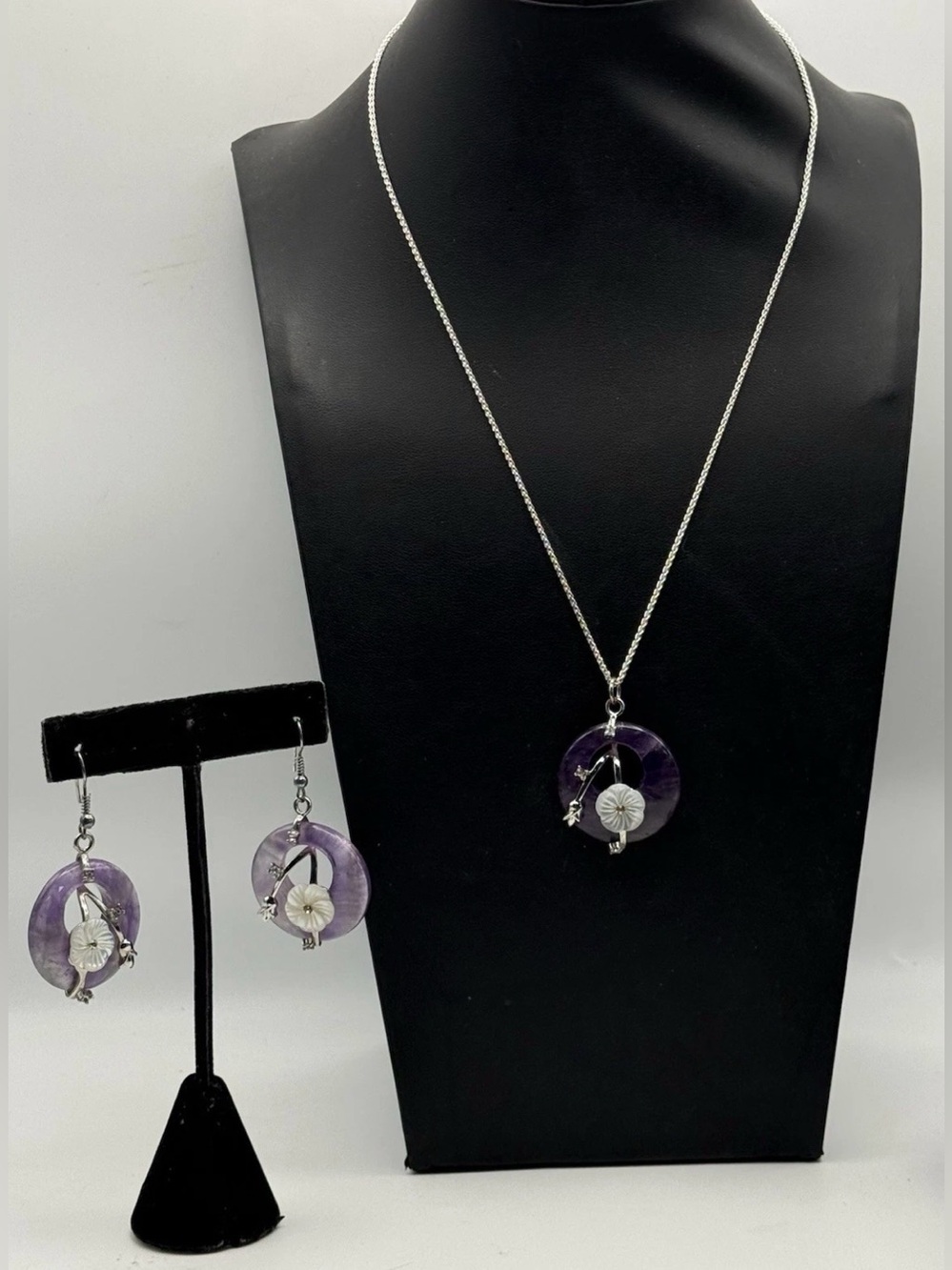 Amethyst Necklace & Earrings Sterling Silver Jewelry Set Flower Boho Natural